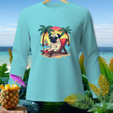 Light blue long-sleeve shirt with a pug in sunglasses on a beach chair.