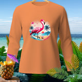 Orange long-sleeve shirt with a graphic of a flamingo on a tropical beach.