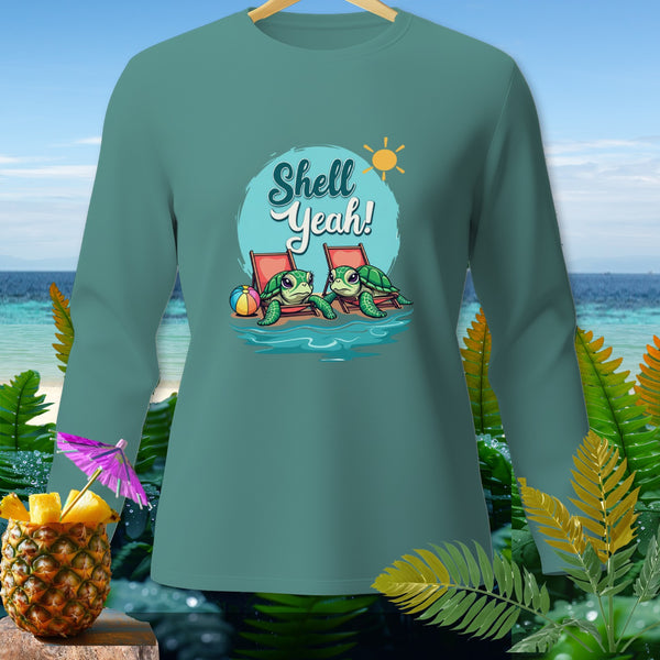 Teal long-sleeve shirt with cartoon turtles and "Shell Yeah!" text.
