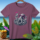 T-shirt with octopus wearing sunglasses holding a cocktail, with pineapple and beach background.