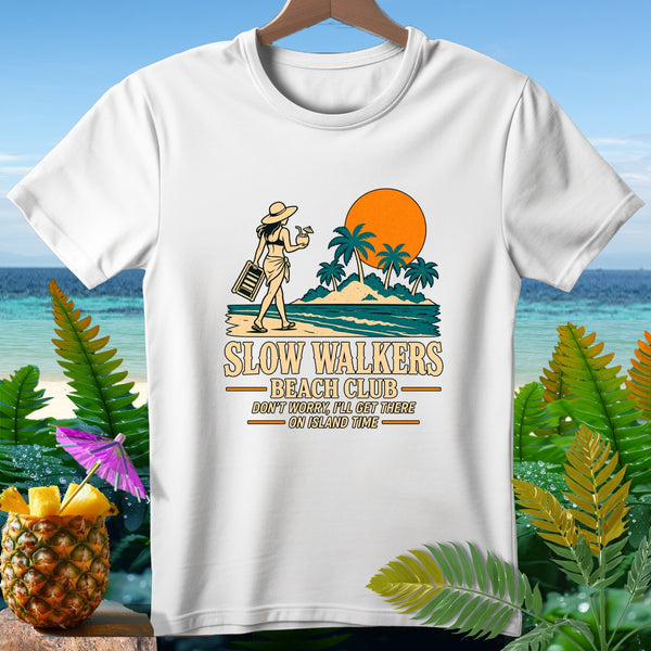 White t-shirt with "Slow Walkers Beach Club" graphic and island scene.