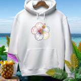 White hoodie with a colorful hibiscus design featuring ghosts and a pumpkin.
