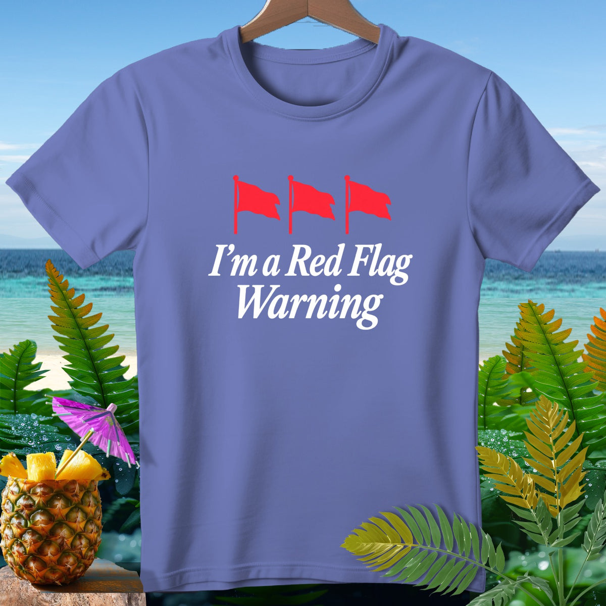 Purple t-shirt with red flags and "I'm a Red Flag Warning" text.
