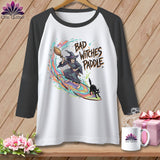 Witch surfing on colorful wave with black cat and 