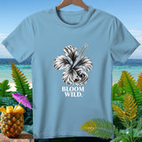 Light blue t-shirt with black and white hibiscus flower graphic and 