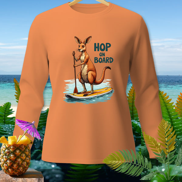 Orange long sleeve shirt with kangaroo on paddleboard graphic: "Hop On Board".