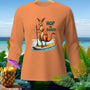 Orange long sleeve shirt with kangaroo on paddleboard graphic: "Hop On Board".