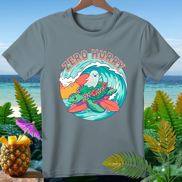 T-shirt with a turtle and ghost surfing a wave, text "Zero Hurry".
