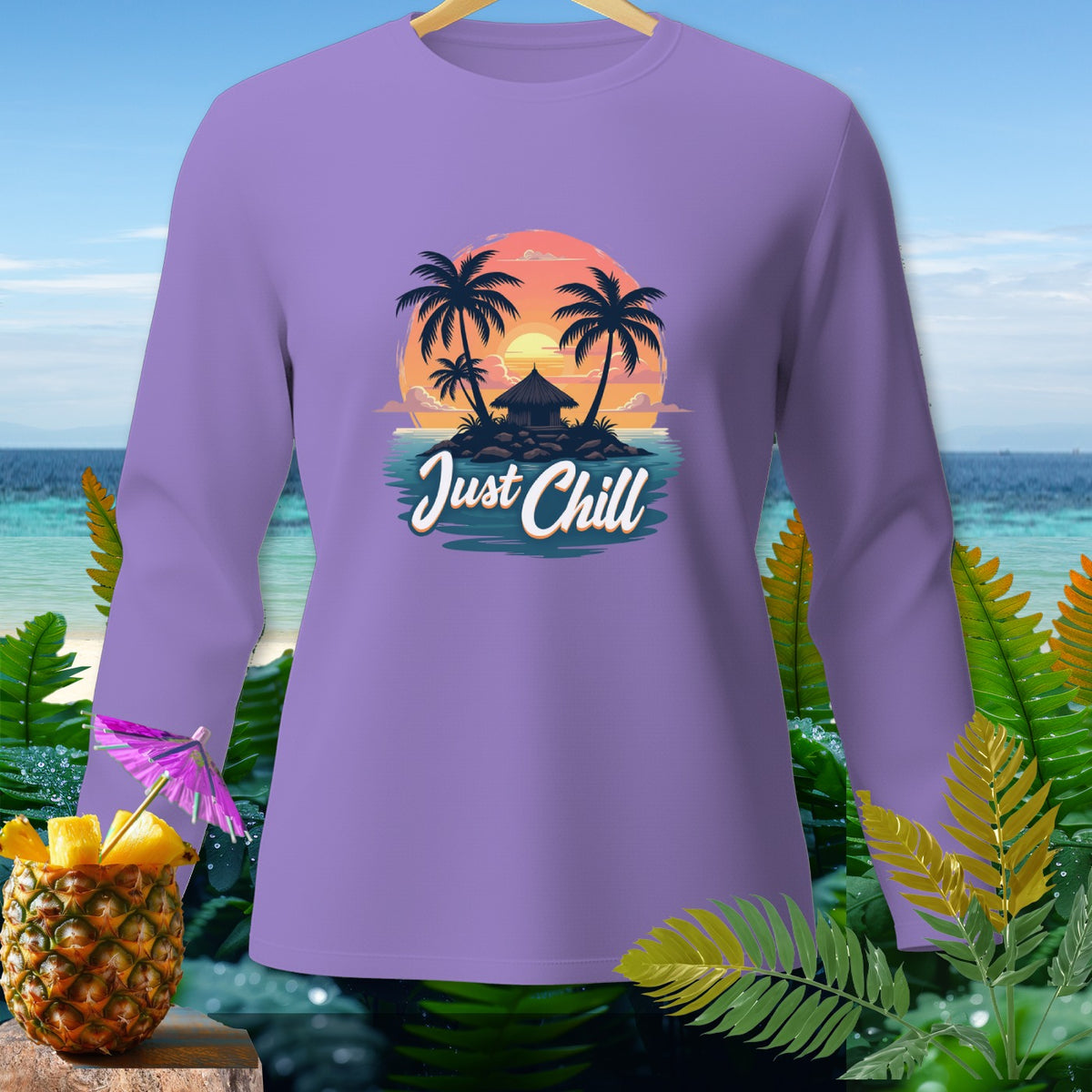 Purple long-sleeve shirt with "Just Chill" text and a tropical island graphic.
