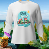 White long sleeve shirt with two cartoon sea turtles on lounge chairs and 