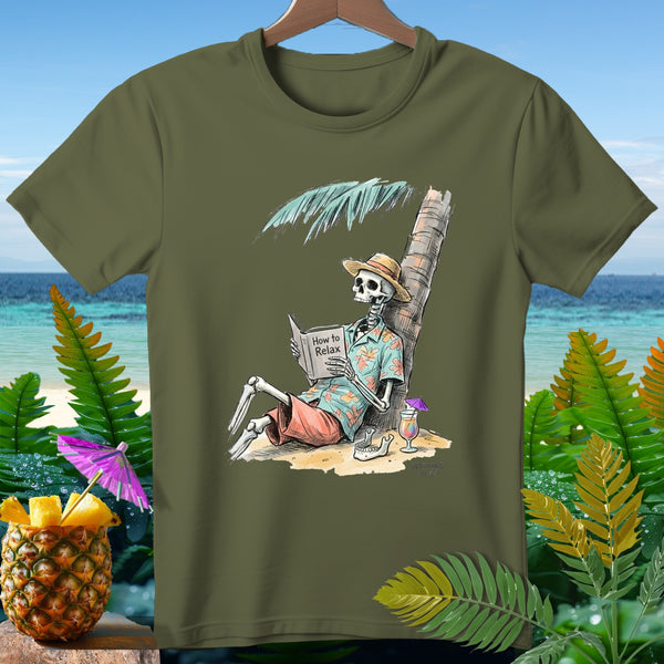 Skeleton reading "How to Relax" book under a palm tree on beach.