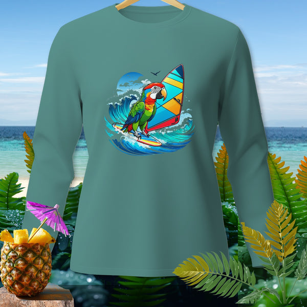 Green long-sleeve shirt with a parrot windsurfing on a wave graphic.