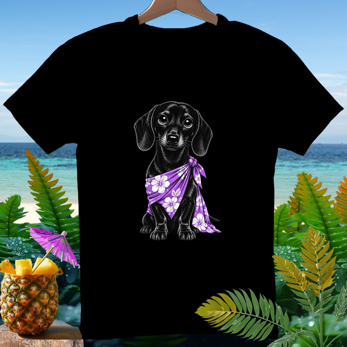 Black t-shirt with a black dachshund wearing a purple floral bandana.