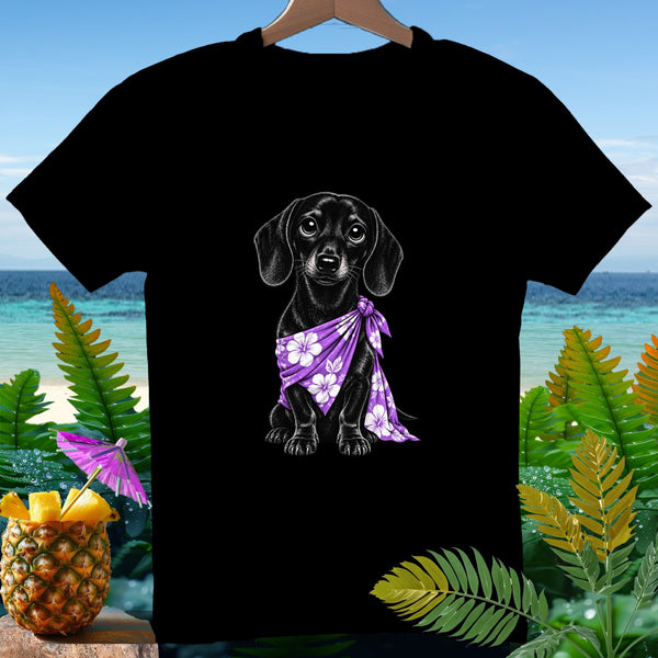 Black t-shirt with a black dachshund wearing a purple floral bandana.