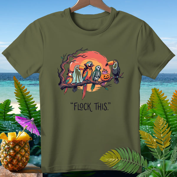 Parrots and toucan dressed for Halloween sit on a branch with "Flock This" text.