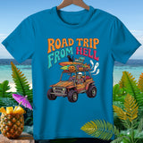 T-shirt with skeleton driving a Jeep with surfboards and pumpkins, 
