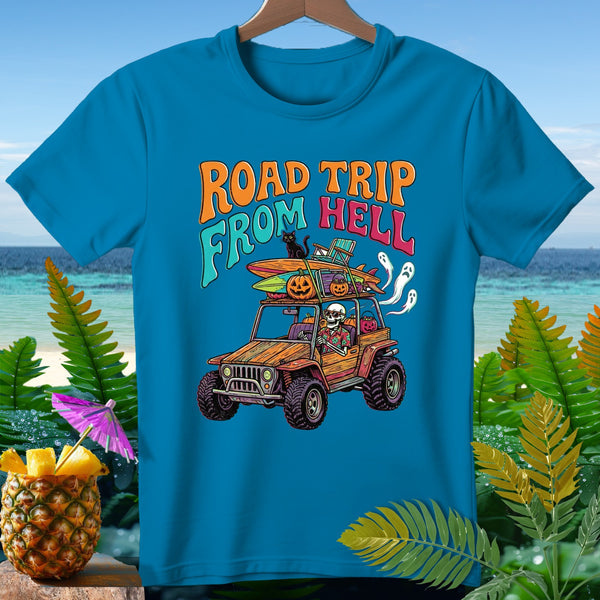 T-shirt with skeleton driving a Jeep with surfboards and pumpkins, "Road Trip From Hell" text.