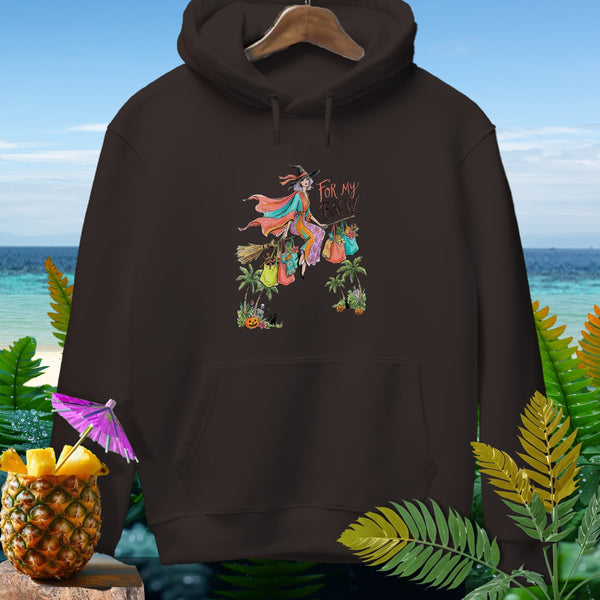 Brown hoodie with witch graphic saying "For My Brew" and tropical accents.