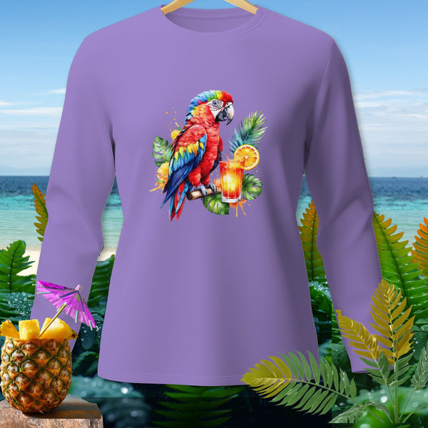 Lavender long-sleeve shirt with a colorful parrot and cocktail design.