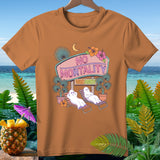 T-shirt graphic of two ghosts relaxing on beach chairs under a 