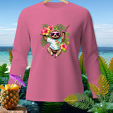 Pink long-sleeve shirt with a cartoon sloth wearing sunglasses and flowers graphic.