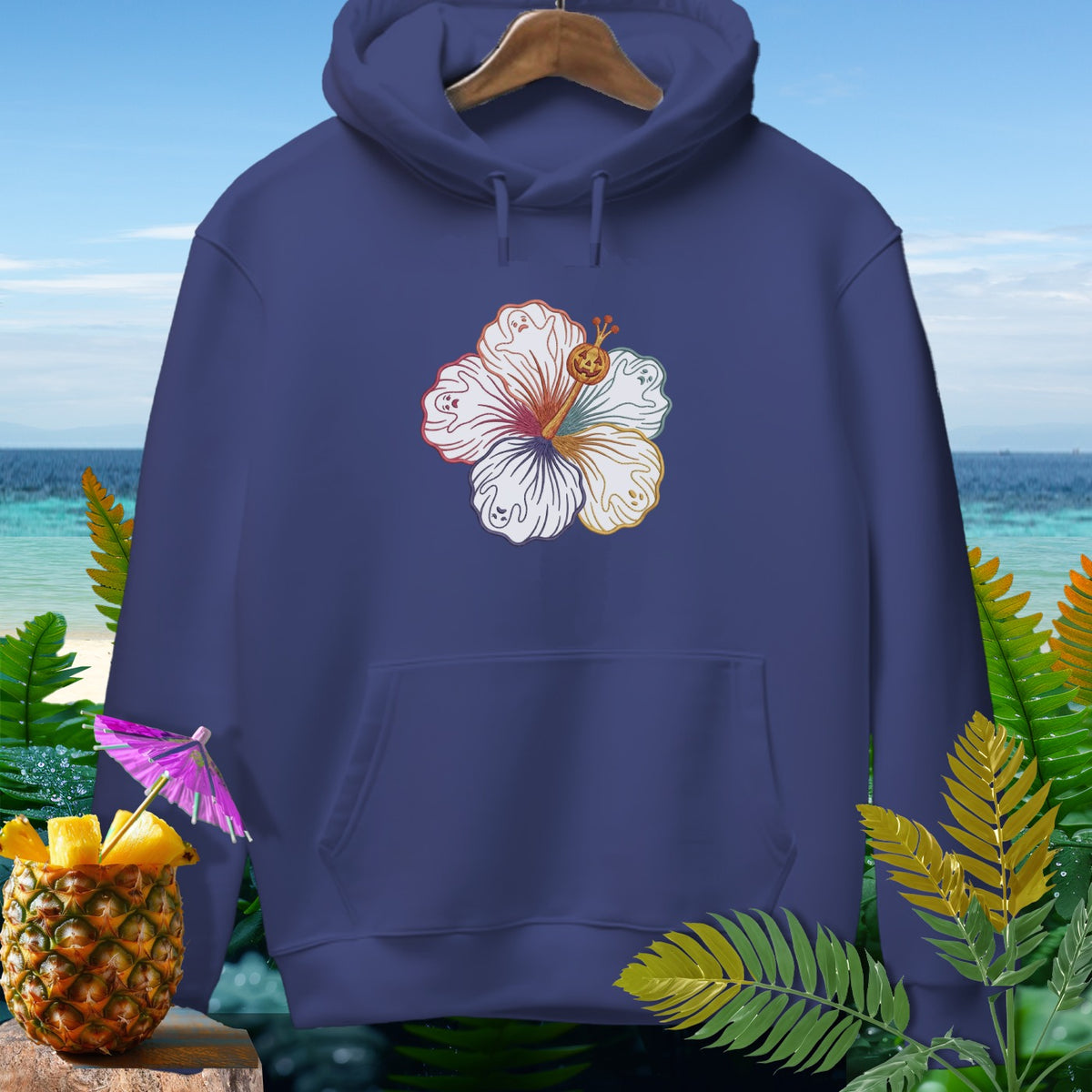 Navy hoodie with hibiscus graphic featuring ghosts and a pumpkin.