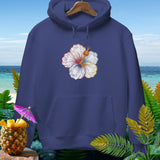 Navy hoodie with hibiscus graphic featuring ghosts and a pumpkin.