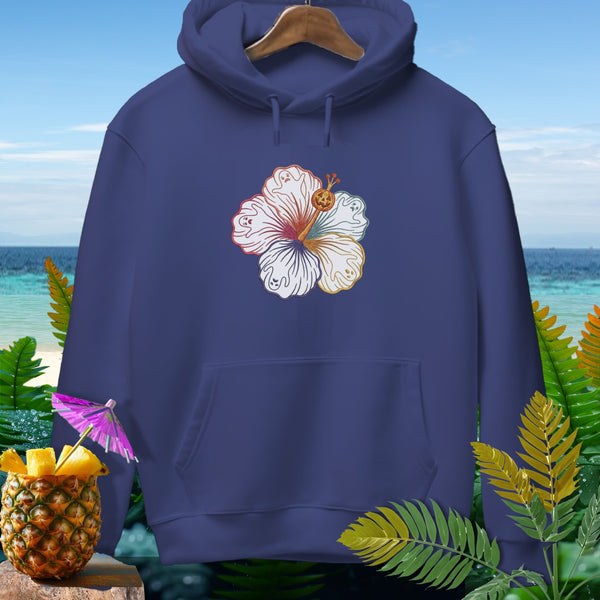 Navy hoodie with hibiscus graphic featuring ghosts and a pumpkin.