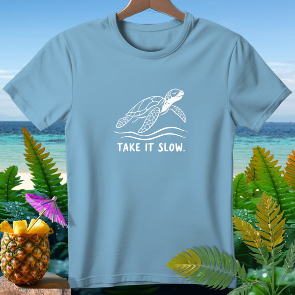 Light blue t-shirt with white turtle graphic and "TAKE IT SLOW." text.