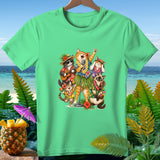 A band of cats in Hawaiian attire sings and plays music on a tropical beach.