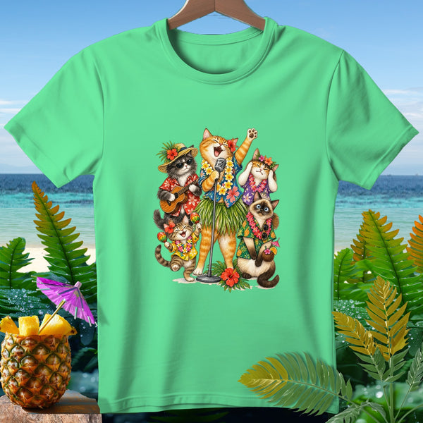 A band of cats in Hawaiian attire sings and plays music on a tropical beach.