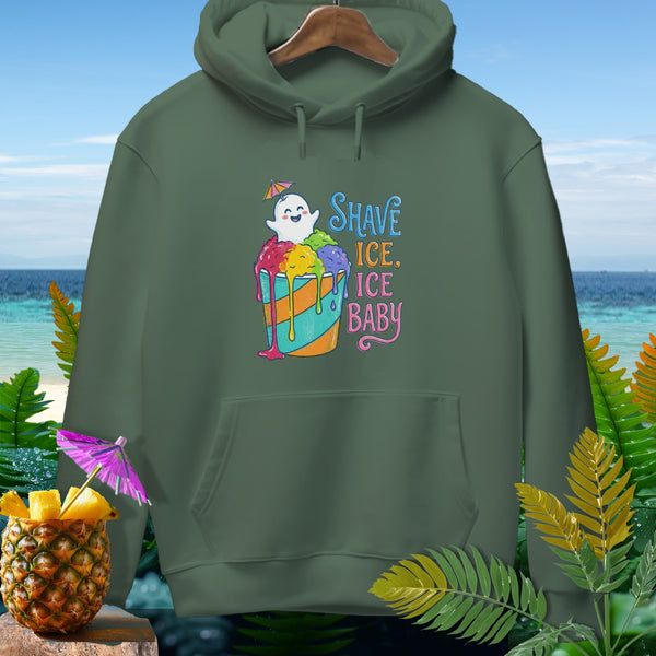 Green hoodie with a "Shave Ice, Ice Baby" graphic featuring a ghost in shave ice.