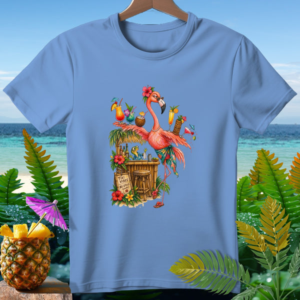 Flamingo at a tiki bar with cocktails, text "Tiki Vibes No Spills (usually)".