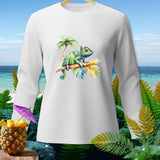 White long-sleeve shirt with a watercolor chameleon on a branch and tropical background.