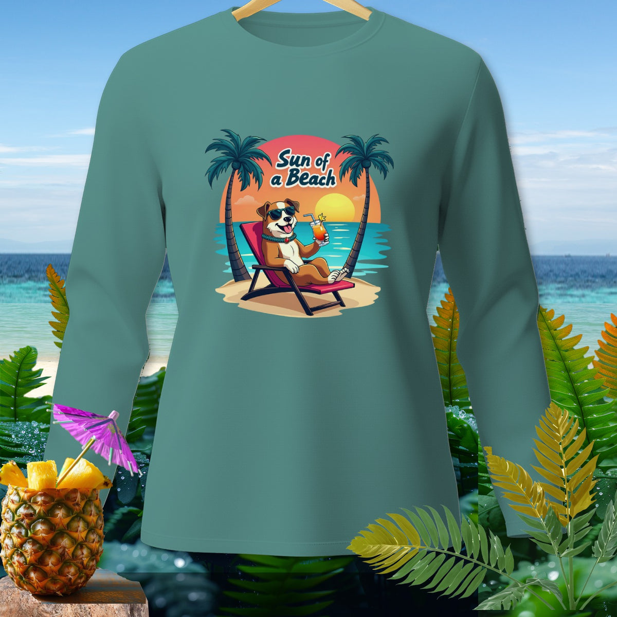 Dog with sunglasses relaxes in a beach chair with a drink, "Sun of a Beach" text.