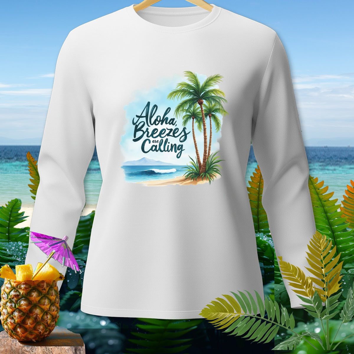 White long-sleeve shirt with "Aloha Breezes are Calling" tropical beach graphic.
