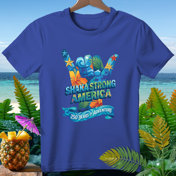 Blue t-shirt with "Shaka Strong America 250 Years of Adventure" graphic.