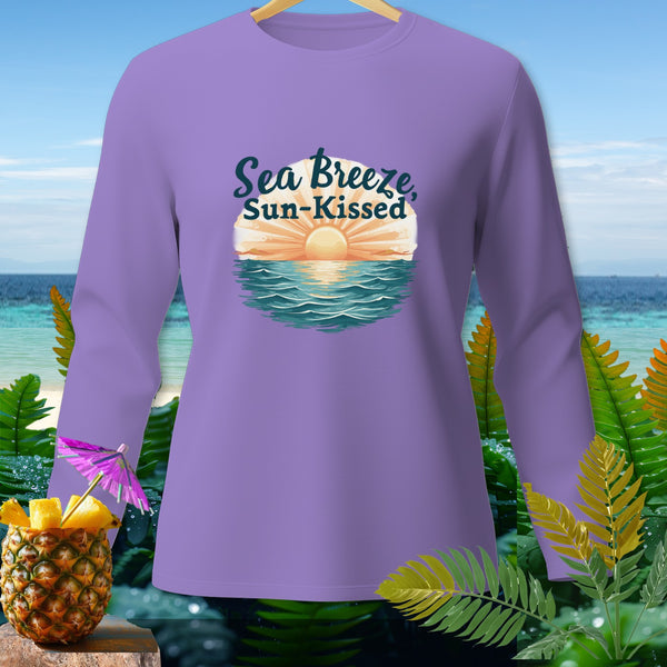 Purple long-sleeve shirt with "Sea Breeze, Sun-Kissed" graphic.