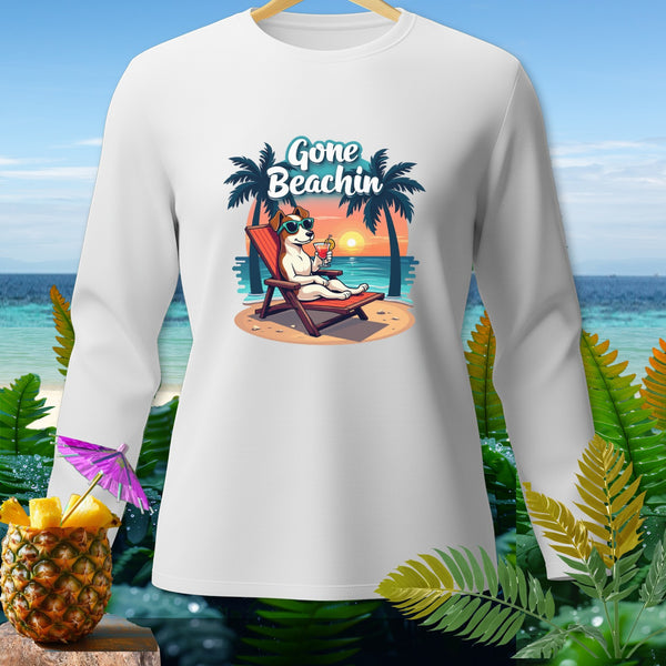 White long-sleeve shirt with "Gone Beachin'" graphic of a dog relaxing on a beach.