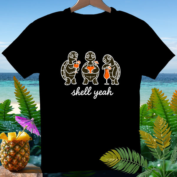 Black t-shirt with three turtles holding cocktails and "shell yeah" text.