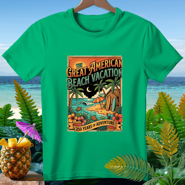 Green t-shirt with "The Great American Beach Vacation 250 Years of Adventure" graphic.