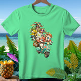 Three goats on a scooter with a map and bananas, with a tropical background.