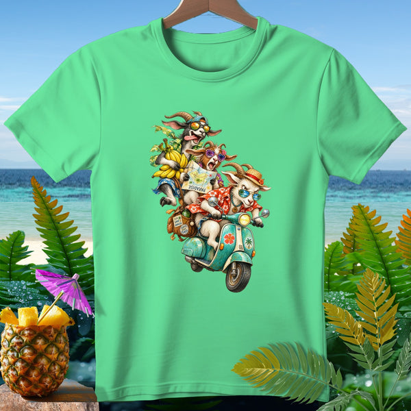 Three goats on a scooter with a map and bananas, with a tropical background.