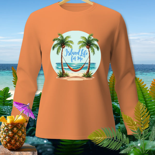 Orange long-sleeve shirt with "Island Life for Me" text and beach scene graphic.