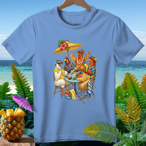 Four chickens wearing Hawaiian leis and hats enjoy drinks under an umbrella at a beach table.