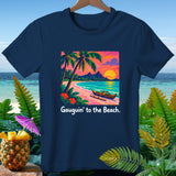 Navy t-shirt with beach scene art and 