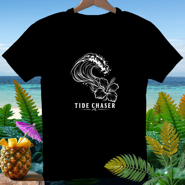 Black t-shirt with white wave and hibiscus graphic, text "TIDE CHASER".