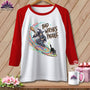 Raglan t-shirt with witch surfing on a rainbow wave with a black cat.