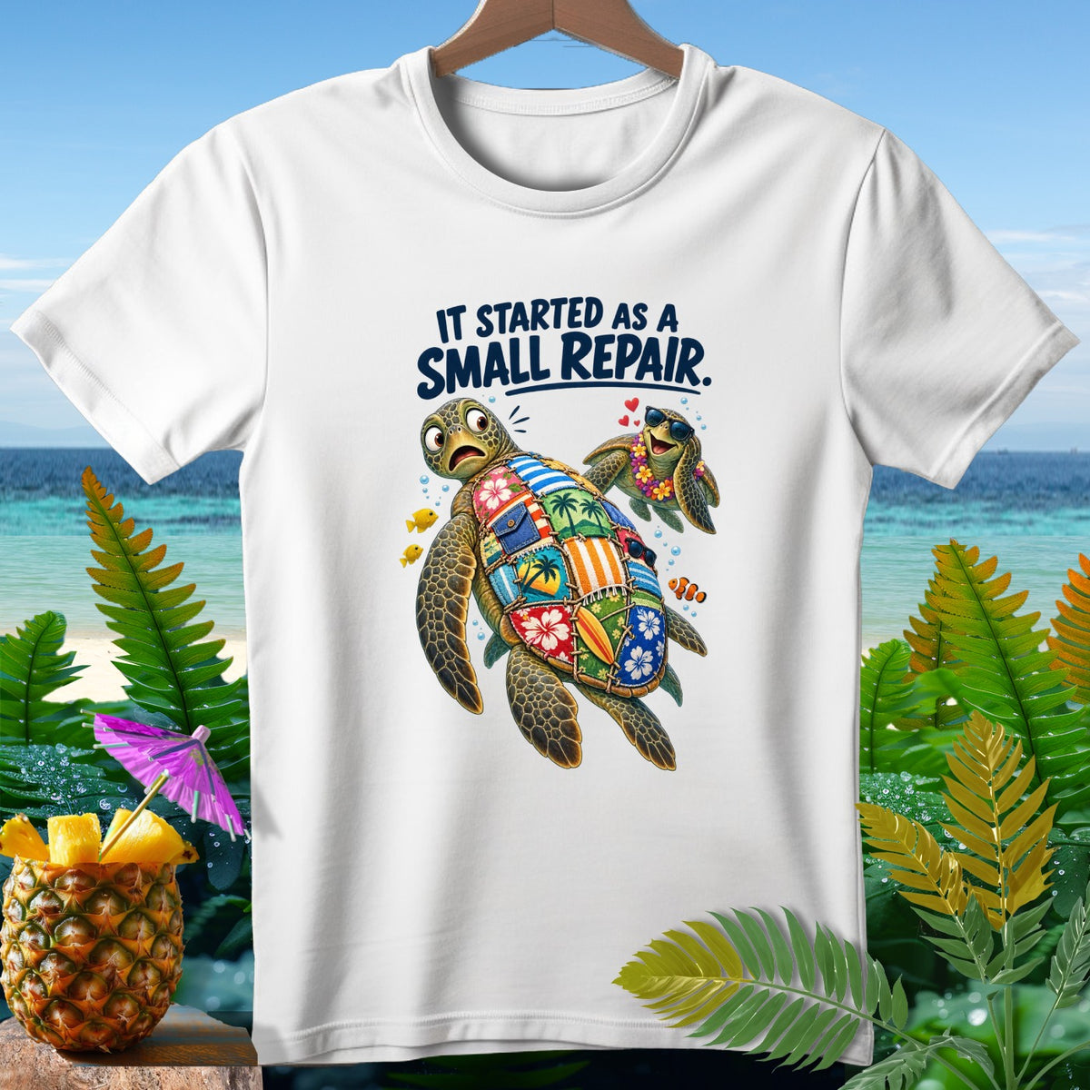 Two cartoon turtles with a patchwork shell design and sunglasses, with text "IT STARTED AS A SMALL REPAIR".