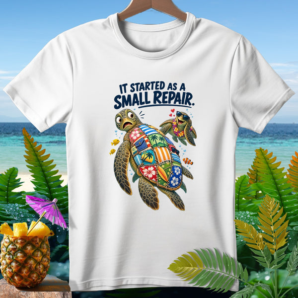 Two cartoon turtles with a patchwork shell design and sunglasses, with text "IT STARTED AS A SMALL REPAIR".